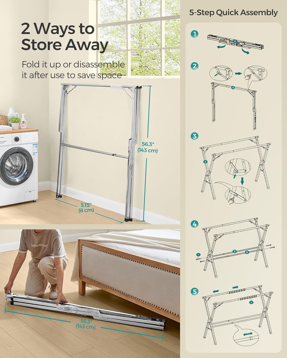 SONGMICS Clothes Drying Rack, Heavy-Duty Laundry Drying Rack, 52.4-78.7 Inches Extendable, Foldable Freestanding Airer, Stainless Steel, for Indoor Outdoor Use, Dove Gray ULLR902E01-4