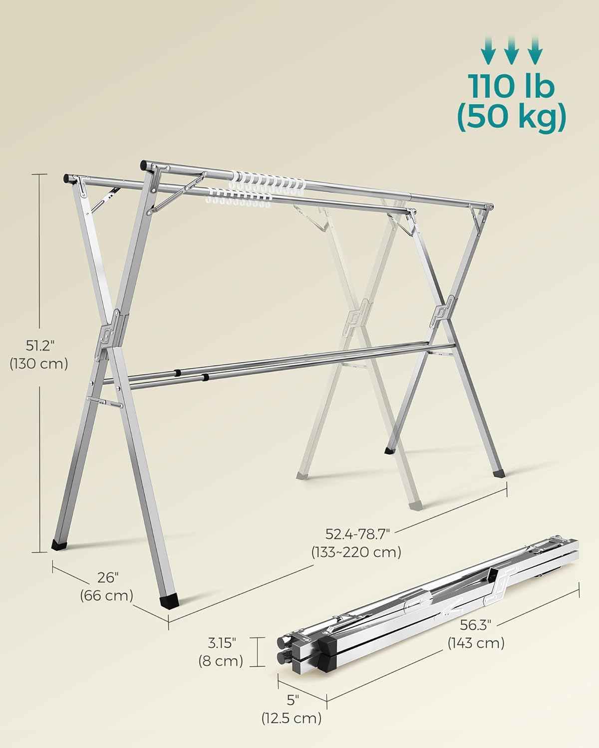 SONGMICS Clothes Drying Rack, Heavy-Duty Laundry Drying Rack, 52.4-78.7 Inches Extendable, Foldable Freestanding Airer, Stainless Steel, for Indoor Outdoor Use, Dove Gray ULLR902E01-5