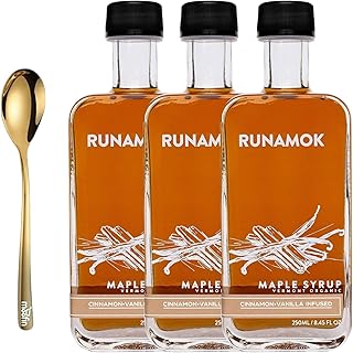 Runamok Maple Syrup Maple Syrup 8.45 fl oz – Real Vermont Maple Syrup in Cinnamon-Vanilla Infused Flavor, with Moofin Golden SS Spoon, Gluten-Free, Natural Sweetener for Breakfast, Organic Maple Syru