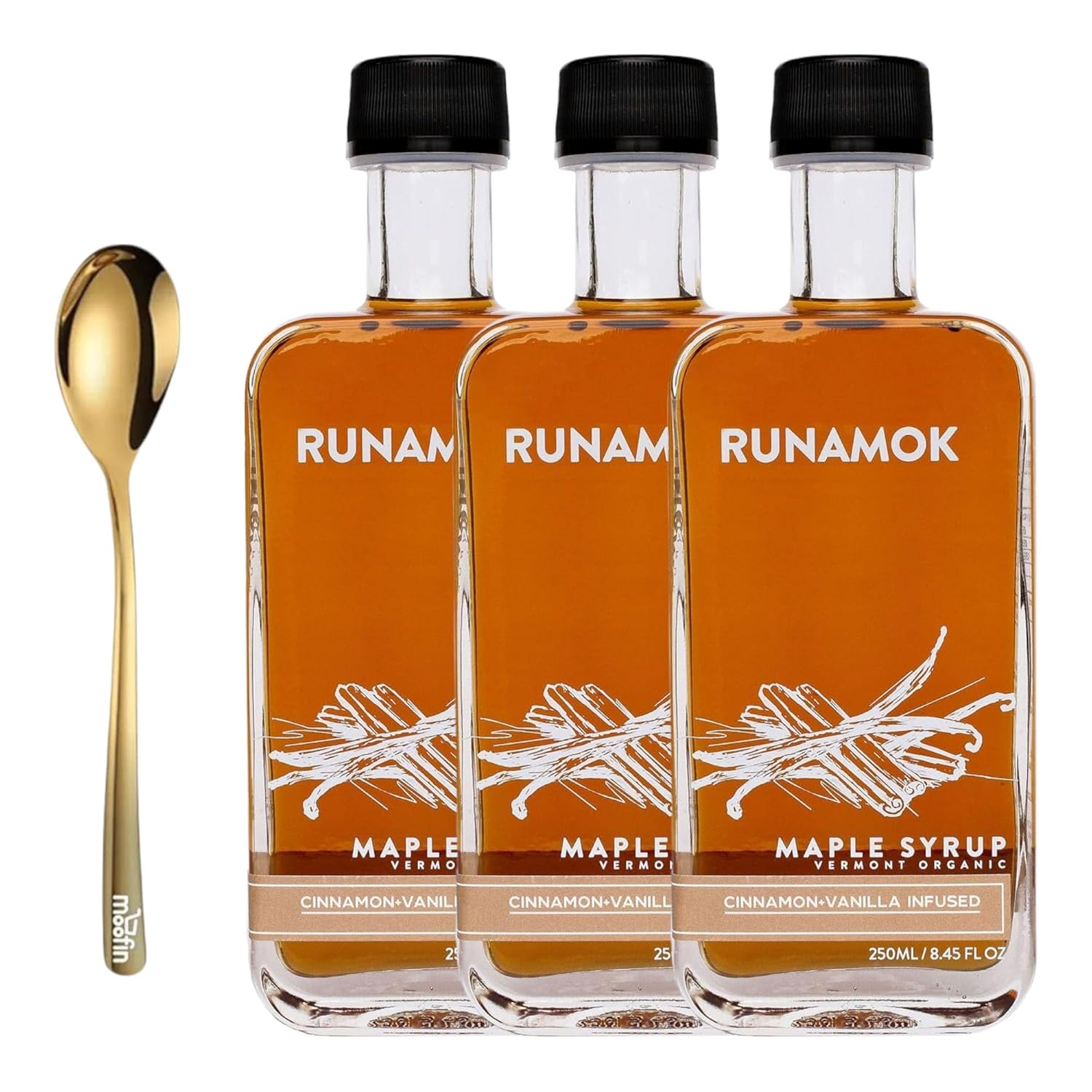 Runamok Maple Syrup Maple Syrup 8.45 fl oz – Real Vermont Maple Syrup in Cinnamon-Vanilla Infused Flavor, with Moofin Golden SS Spoon, Gluten-Free, Natural Sweetener for Breakfast, Organic Maple Syru-0