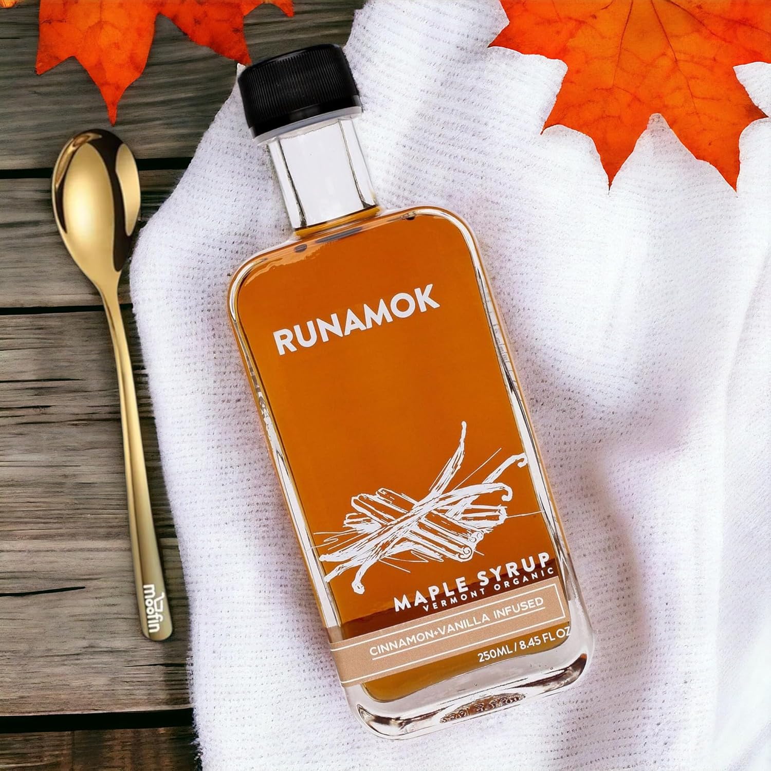 Runamok Maple Syrup Maple Syrup 8.45 fl oz – Real Vermont Maple Syrup in Cinnamon-Vanilla Infused Flavor, with Moofin Golden SS Spoon, Gluten-Free, Natural Sweetener for Breakfast, Organic Maple Syru-1