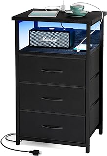 Fixwal Night Stand with Charging Station, LED Nightstand with U-S-B Ports and Outlets, 3 Fabric Storage Drawers with PU Finish, Bedside Table, Black