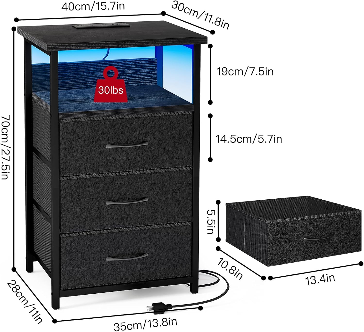 Fixwal Night Stand with Charging Station, LED Nightstand with U-S-B Ports and Outlets, 3 Fabric Storage Drawers with PU Finish, Bedside Table, Black-2