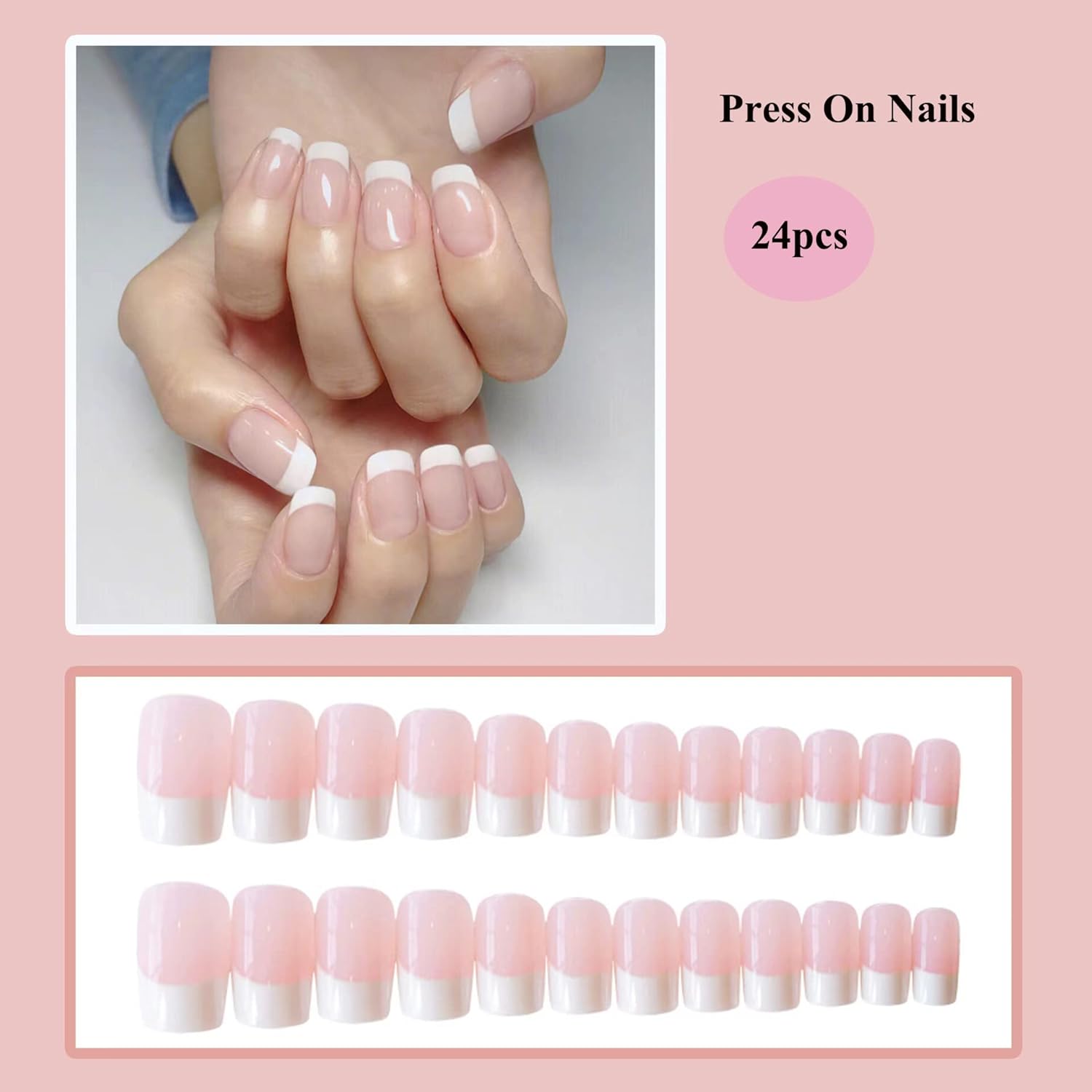 French False Nails,24 Pcs Press on Nails White Tip Short Stick on Nails Square Press on Nails Removable Jelly Glue Nails Fake Nails Perfect for Women Nail Art Accessories-1