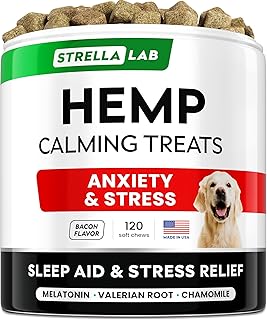 STRELLALAB Vet Formulated Hemp Calming Chews for Dogs - Anxiety Relief Calming Treats - Advanced Melatonin Pet Calm - Natural Sleep Aid & Stress, Separation Anxiety Relief - 120 Treats - Bacon