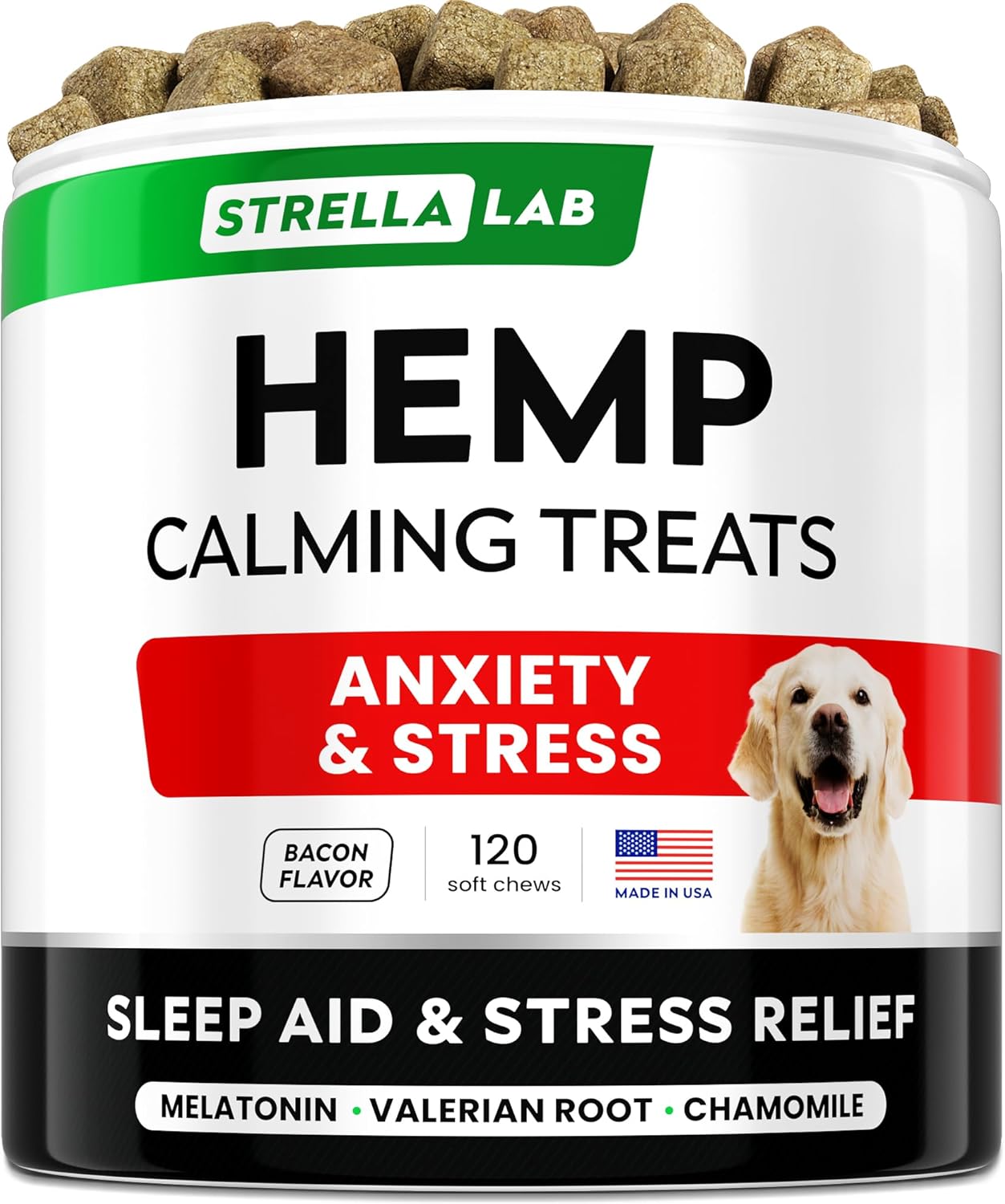 STRELLALAB Vet Formulated Hemp Calming Chews for Dogs - Anxiety Relief Calming Treats - Advanced Melatonin Pet Calm - Natural Sleep Aid & Stress, Separation Anxiety Relief - 120 Treats - Bacon-0