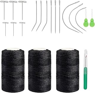 Kyzistn Needle and Thread for Weave,3 Rolls Hair Weave Sewing Threads with 21Pcs C J I T Shape Curved Upholstery Needles for Making Wigs DIY,Clips Hair Extensions