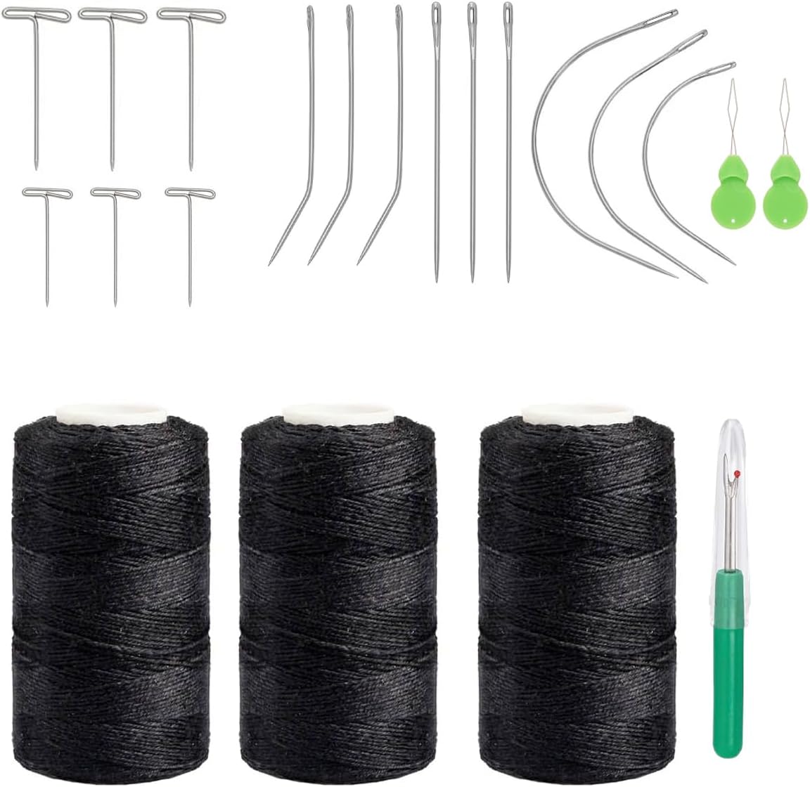 Kyzistn Needle and Thread for Weave,3 Rolls Hair Weave Sewing Threads with 21Pcs C J I T Shape Curved Upholstery Needles for Making Wigs DIY,Clips Hair Extensions-0