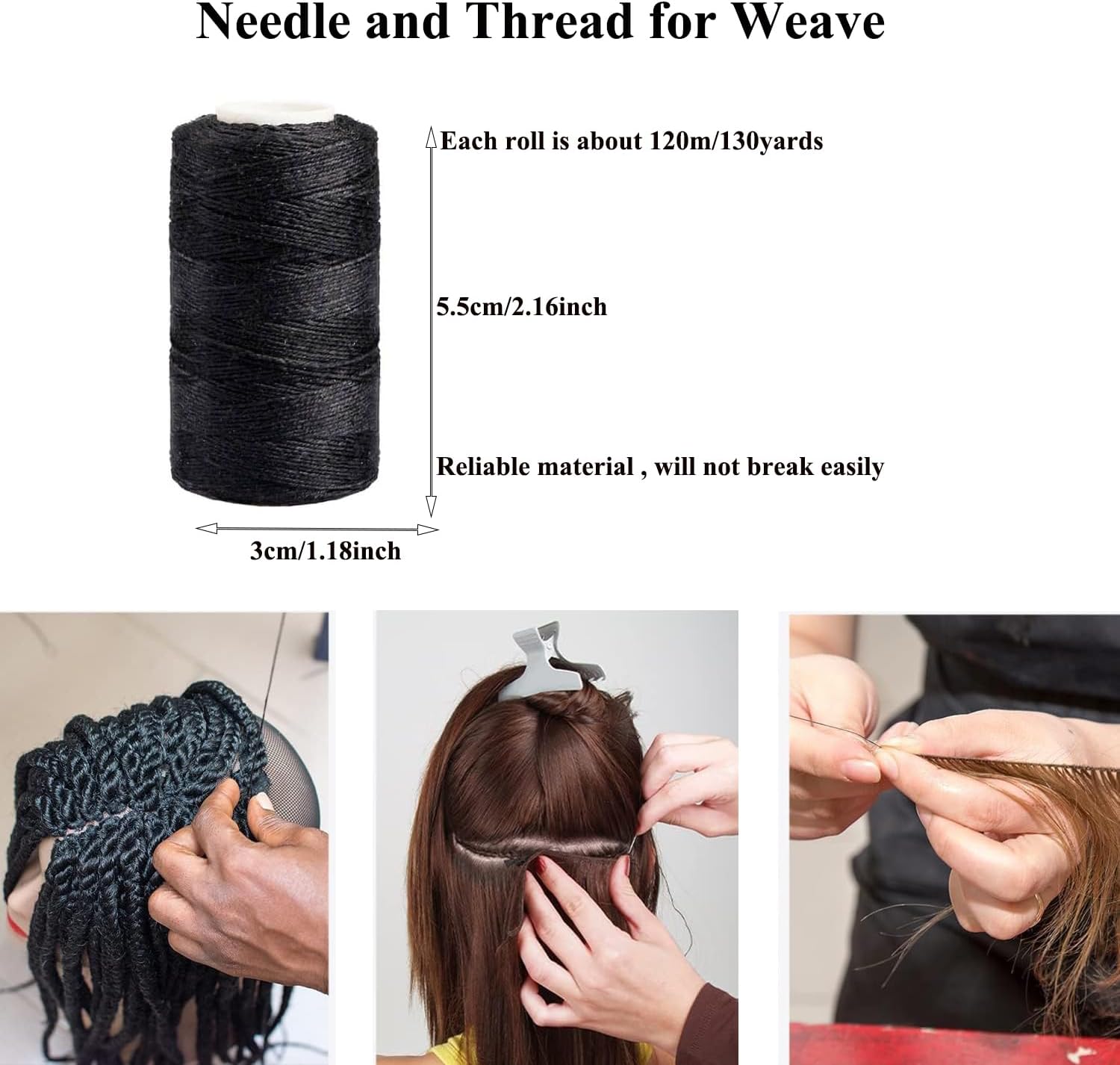 Kyzistn Needle and Thread for Weave,3 Rolls Hair Weave Sewing Threads with 21Pcs C J I T Shape Curved Upholstery Needles for Making Wigs DIY,Clips Hair Extensions-3