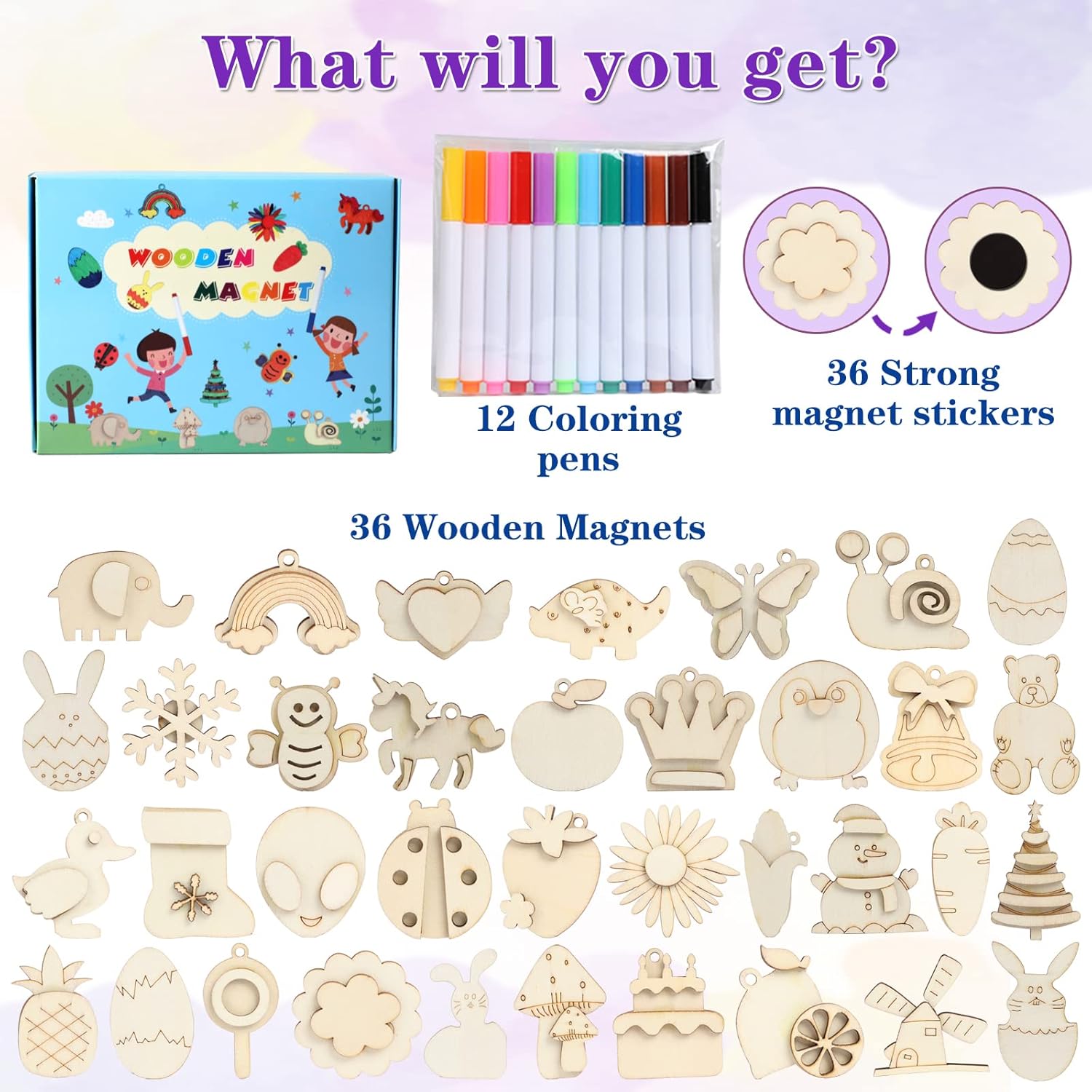 Worgree DIY Wooden Magnets, 36 pcs Wooden Art Craft Supplies Painting Kit for Kids Party Favors for Boys Girls Ages 4-8 8-12 Birthday Easter Crafts Gifts Toys Basket Goodie Bag Stuffers-1