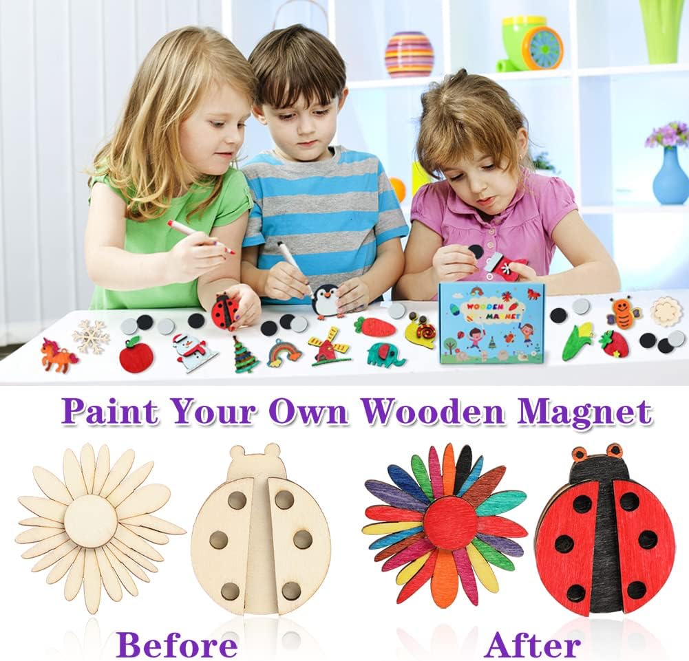 Worgree DIY Wooden Magnets, 36 pcs Wooden Art Craft Supplies Painting Kit for Kids Party Favors for Boys Girls Ages 4-8 8-12 Birthday Easter Crafts Gifts Toys Basket Goodie Bag Stuffers-3