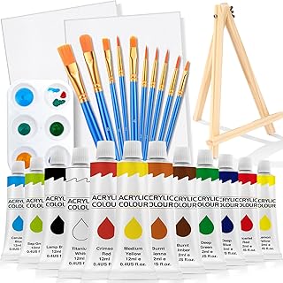 ESRICH 26PCS Acrylic Paint Set with 12Colors Acrylic Paints (12ml, 0.4 oz), 10 Paint Brushes, 2Canvas, 1 Wood Easel, 1 Plate, Painting Supplies Kits for Kids, Adults, Artists and Beginners