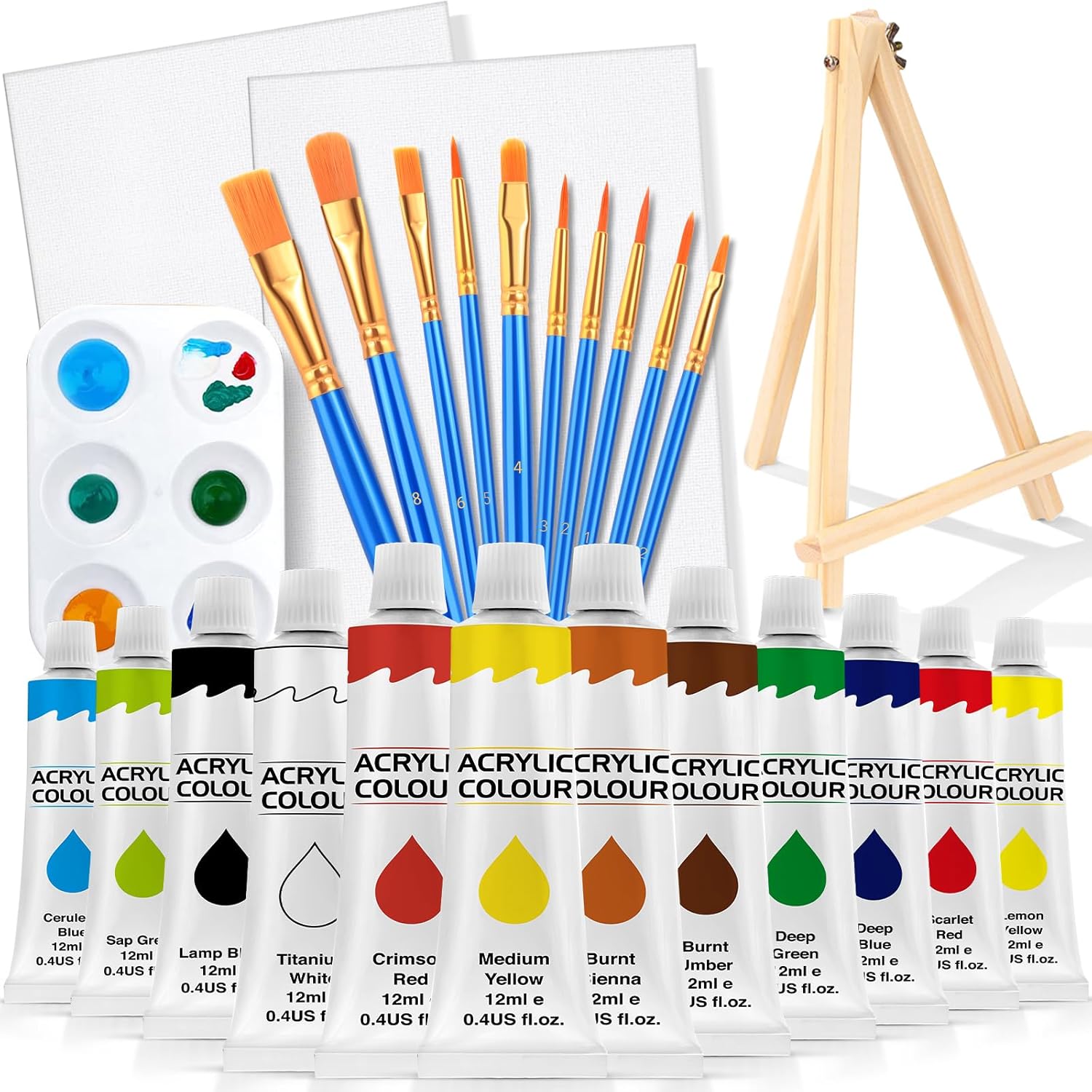 ESRICH 26PCS Acrylic Paint Set with 12Colors Acrylic Paints (12ml, 0.4 oz), 10 Paint Brushes, 2Canvas, 1 Wood Easel, 1 Plate, Painting Supplies Kits for Kids, Adults, Artists and Beginners-0