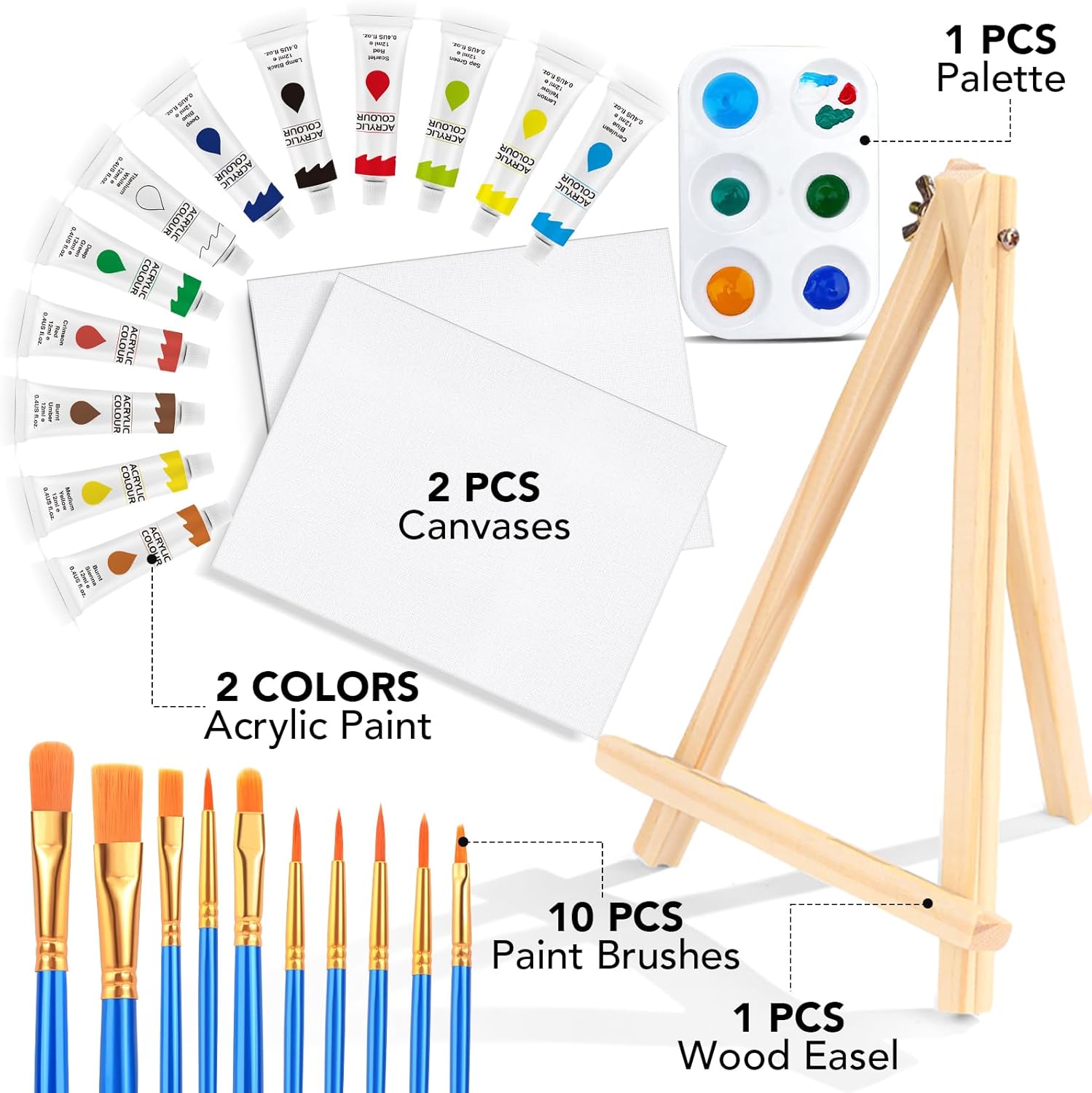 ESRICH 26PCS Acrylic Paint Set with 12Colors Acrylic Paints (12ml, 0.4 oz), 10 Paint Brushes, 2Canvas, 1 Wood Easel, 1 Plate, Painting Supplies Kits for Kids, Adults, Artists and Beginners-1