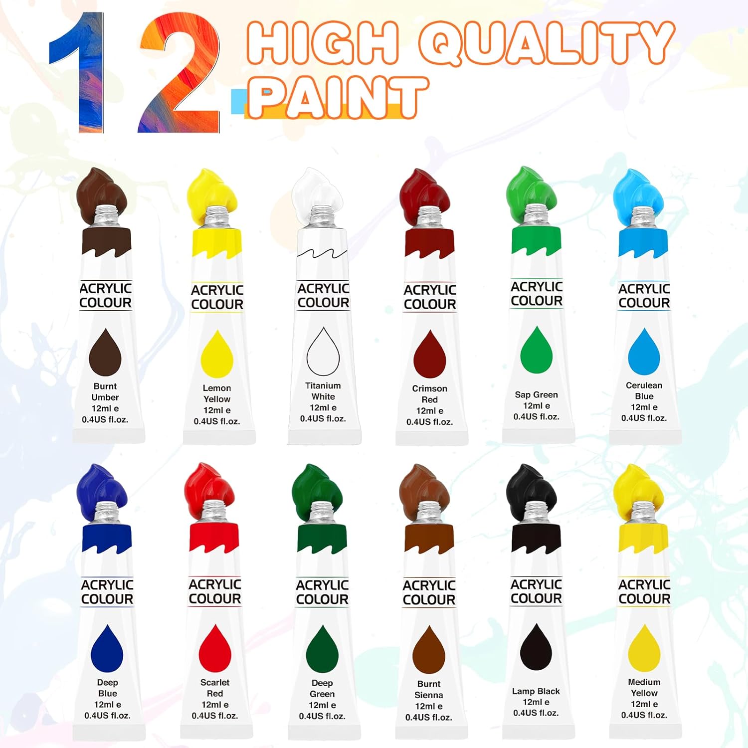 ESRICH 26PCS Acrylic Paint Set with 12Colors Acrylic Paints (12ml, 0.4 oz), 10 Paint Brushes, 2Canvas, 1 Wood Easel, 1 Plate, Painting Supplies Kits for Kids, Adults, Artists and Beginners-2