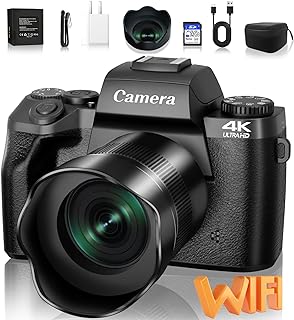 Saneen Digital Camera for Photography, 4K 64MP WiFi Touch Screen Vlogging Camera with Flash, 32GB SD Card, Lens Hood, 3000mAH Battery, Front and Rear Cameras, 4″Big Screen, Hot Shoe Interface - Black