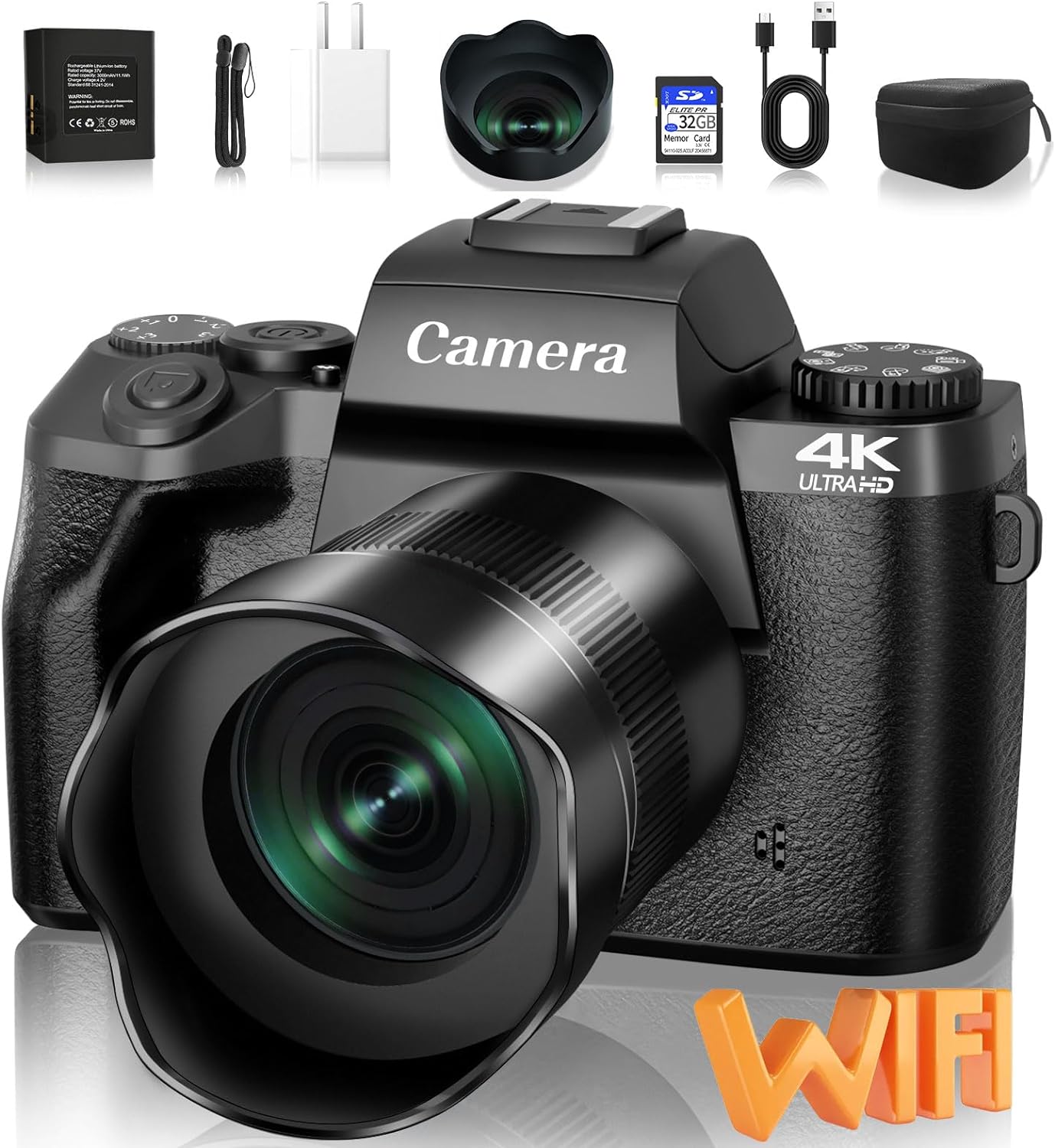 Saneen Digital Camera for Photography, 4K 64MP WiFi Touch Screen Vlogging Camera with Flash, 32GB SD Card, Lens Hood, 3000mAH Battery, Front and Rear Cameras, 4″Big Screen, Hot Shoe Interface - Black-0