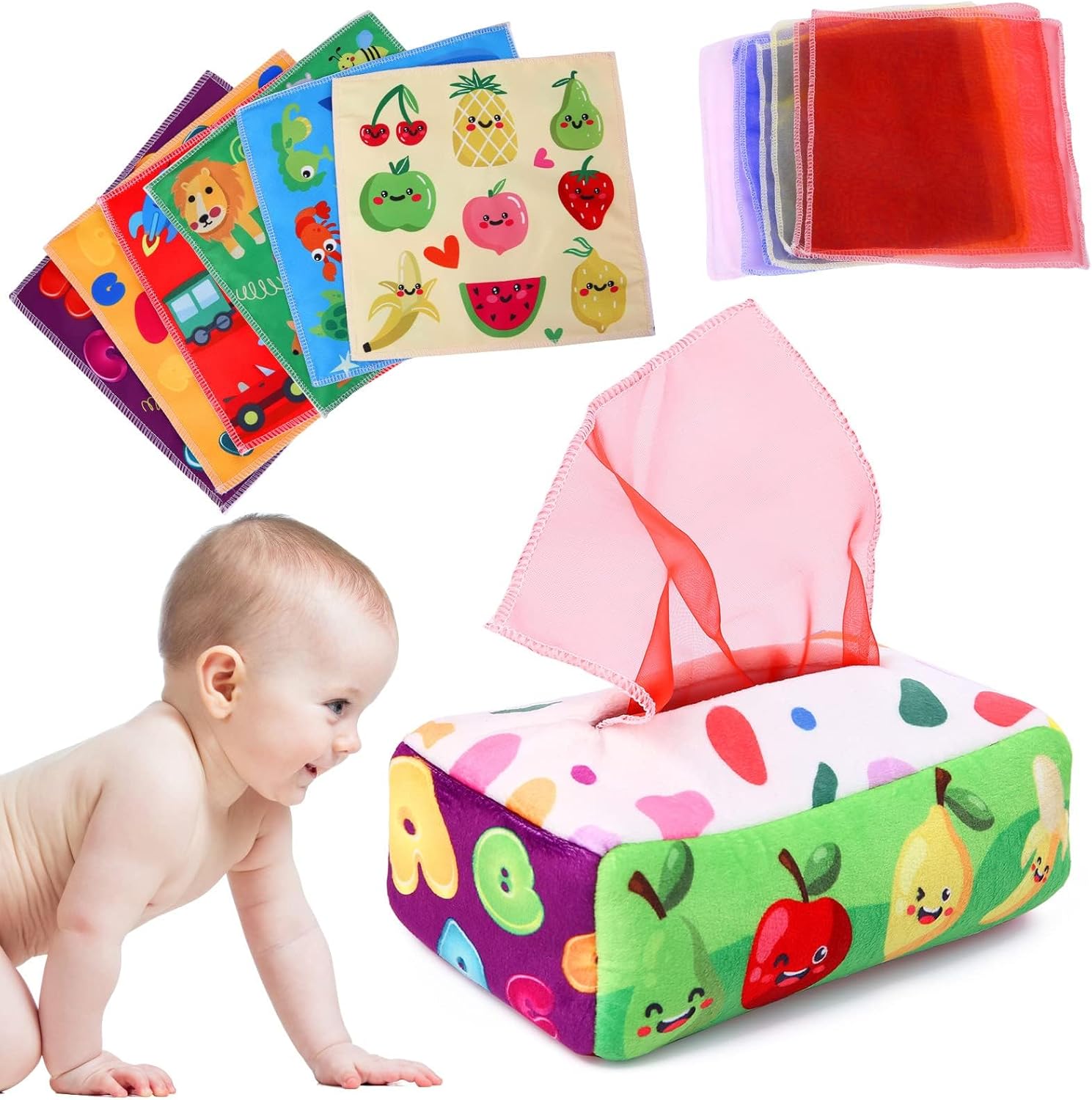 YOGINGO Baby Toys 6 to 12 Months - Tissue Box Toy Montessori for Babies 6-12 Months, Soft Stuffed High Contrast Crinkle Infant Sensory Toys, Boys&Girls Kids Early Learning Gifts-0