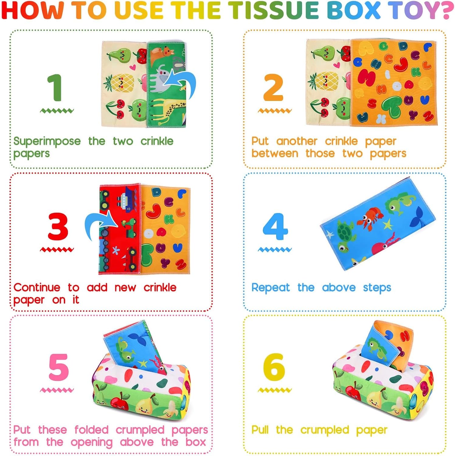 YOGINGO Baby Toys 6 to 12 Months - Tissue Box Toy Montessori for Babies 6-12 Months, Soft Stuffed High Contrast Crinkle Infant Sensory Toys, Boys&Girls Kids Early Learning Gifts-4