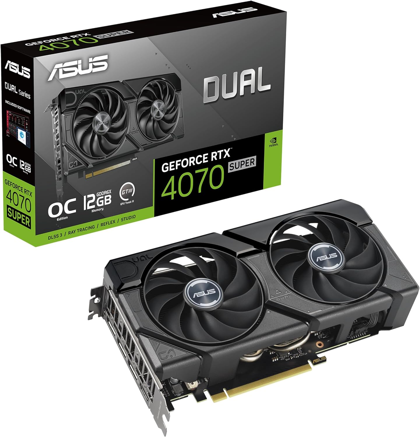 ASUS Dual GeForce RTX™ 4070 Super EVO OC Edition 12GB GDDR6X (PCIe 4.0, 12GB GDDR6X, DLSS 3, HDMI 2.1a, DisplayPort 1.4a, 2.5-Slot Design, Axial-tech Fan Design, 0dB Technology, and More)-0