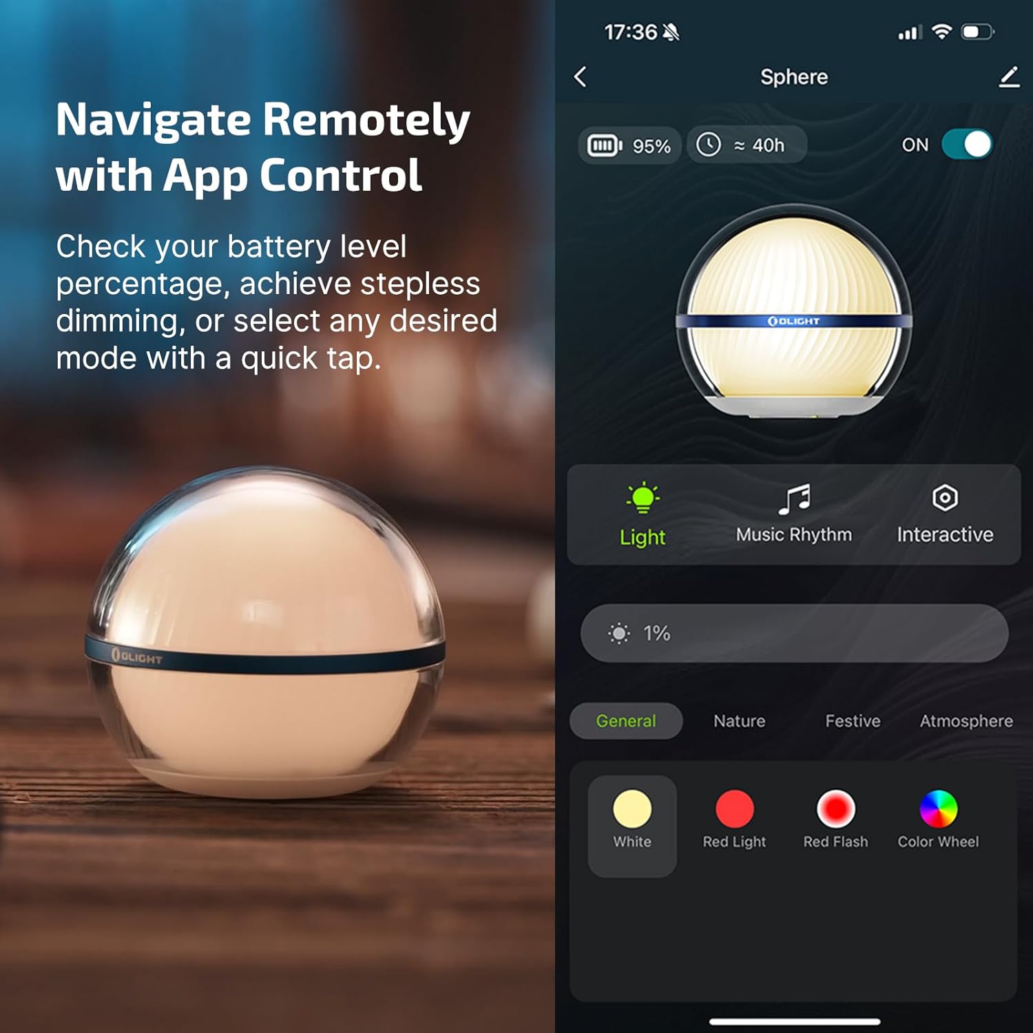 OLIGHT Sphere Smart Night Light, 75 lumens Stepless Dimming Table Lamp with Remotely APP Control, Magnetic Rechargeable RGB Ambient Light for Sleeping, Reading, and Relaxation-2