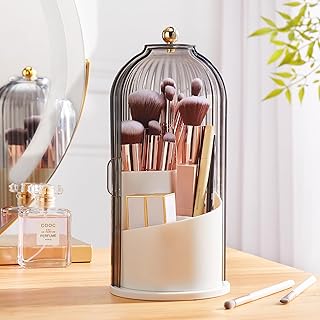 Makeup Brush Holder Organizer with Lid, Waterproof 360°Rotating Cosmetic Make Up brush Storage for Vanity, Gifts, Women