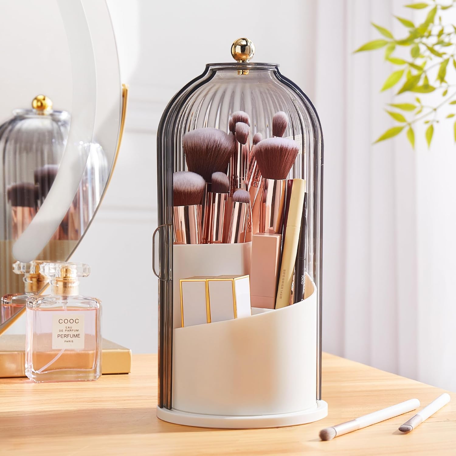 Makeup Brush Holder Organizer with Lid, Waterproof 360°Rotating Cosmetic Make Up brush Storage for Vanity, Gifts, Women-0