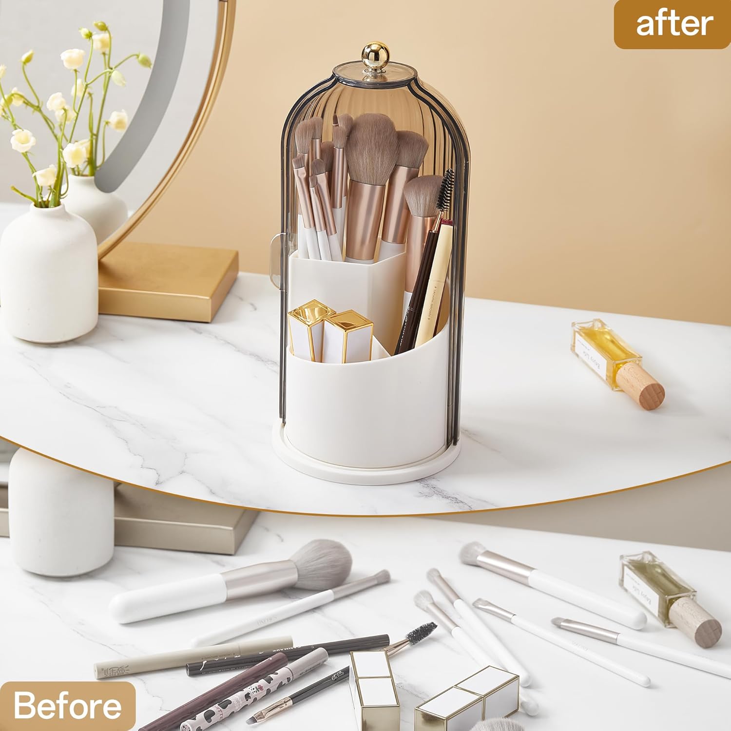 Makeup Brush Holder Organizer with Lid, Waterproof 360°Rotating Cosmetic Make Up brush Storage for Vanity, Gifts, Women-4