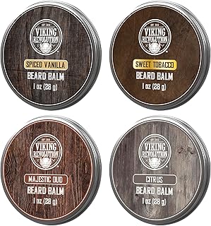 Viking Revolution 4 Beard Balm Variety Pack (1oz Each)- Spiced Vanilla, Sweet Tobacco, Majestic Oud, Citrus - Beard Butter Styles, Strengthens and Softens Beards and Mustaches - Beard Wax for Men