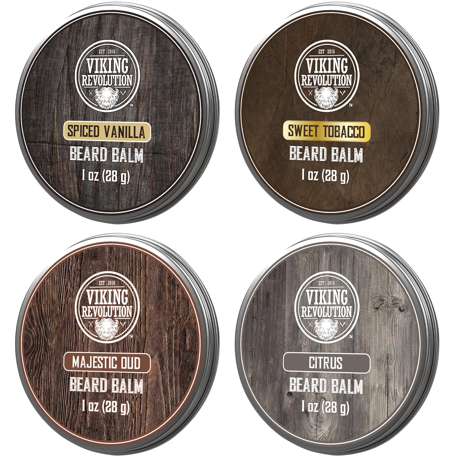 Viking Revolution 4 Beard Balm Variety Pack (1oz Each)- Spiced Vanilla, Sweet Tobacco, Majestic Oud, Citrus - Beard Butter Styles, Strengthens and Softens Beards and Mustaches - Beard Wax for Men-0