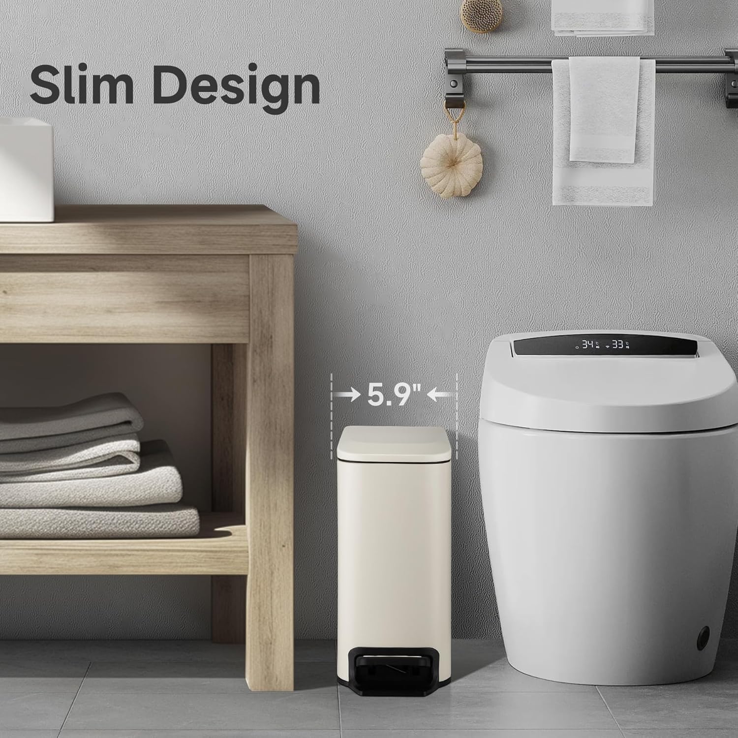 Slim Bathroom Trash Can with Lid Soft Close, 6 Liter / 1.6 Gallon Stainless Steel Garbage with Removable Inner Bucket, Small Trash Bins for Bedroom, Office (Cream)-1