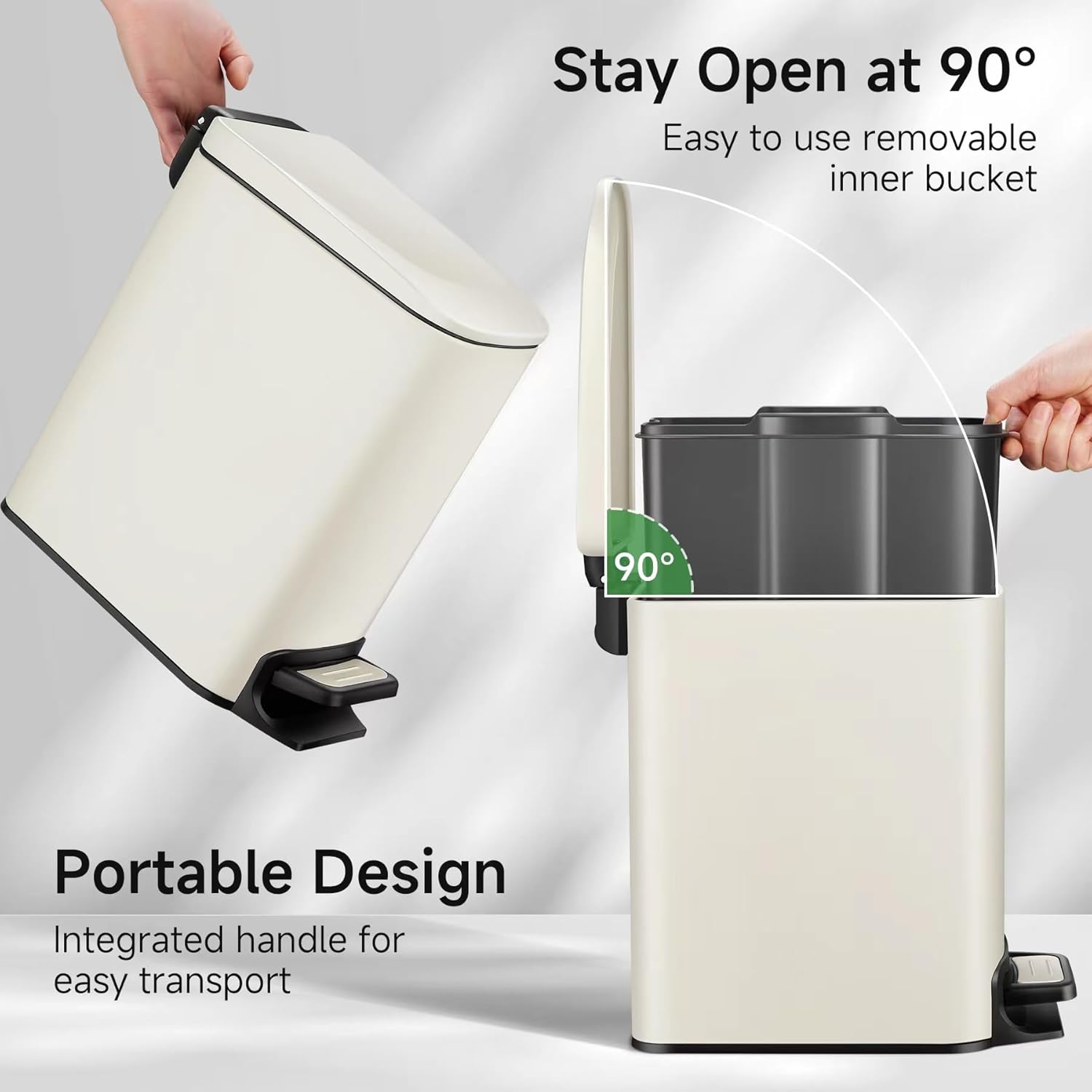 Slim Bathroom Trash Can with Lid Soft Close, 6 Liter / 1.6 Gallon Stainless Steel Garbage with Removable Inner Bucket, Small Trash Bins for Bedroom, Office (Cream)-2