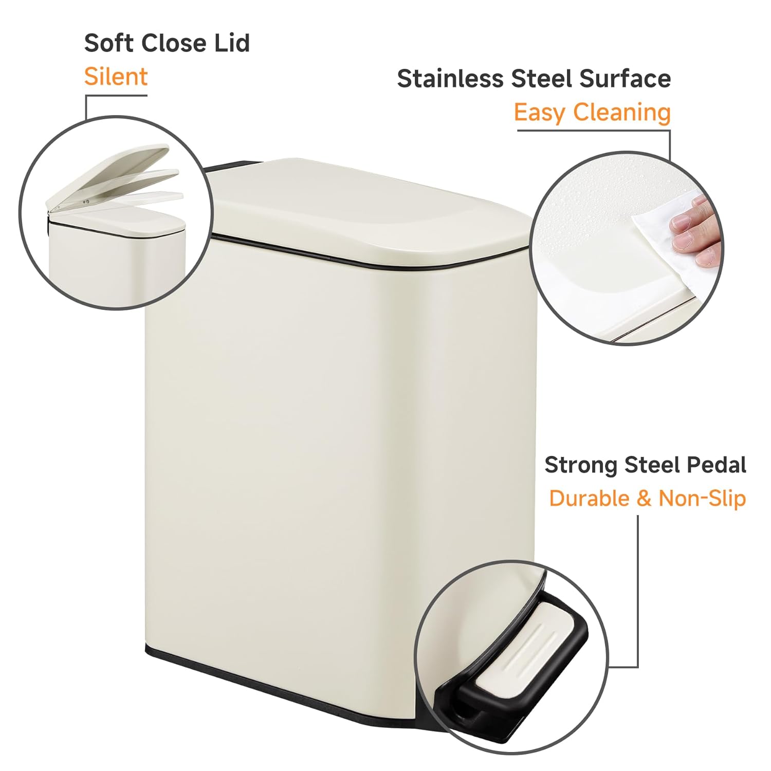 Slim Bathroom Trash Can with Lid Soft Close, 6 Liter / 1.6 Gallon Stainless Steel Garbage with Removable Inner Bucket, Small Trash Bins for Bedroom, Office (Cream)-3