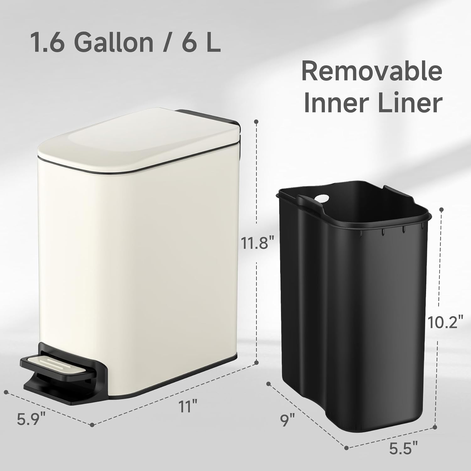 Slim Bathroom Trash Can with Lid Soft Close, 6 Liter / 1.6 Gallon Stainless Steel Garbage with Removable Inner Bucket, Small Trash Bins for Bedroom, Office (Cream)-6