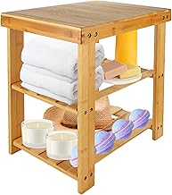 ASelected 16 Inch Bamboo Shower Stool Wood Shower Bench 3-Tier Waterproof Wooden Bamboo Foot Stool Seat Stool with Storage Shelf, Small Bench for Adults Bathroom Living Room