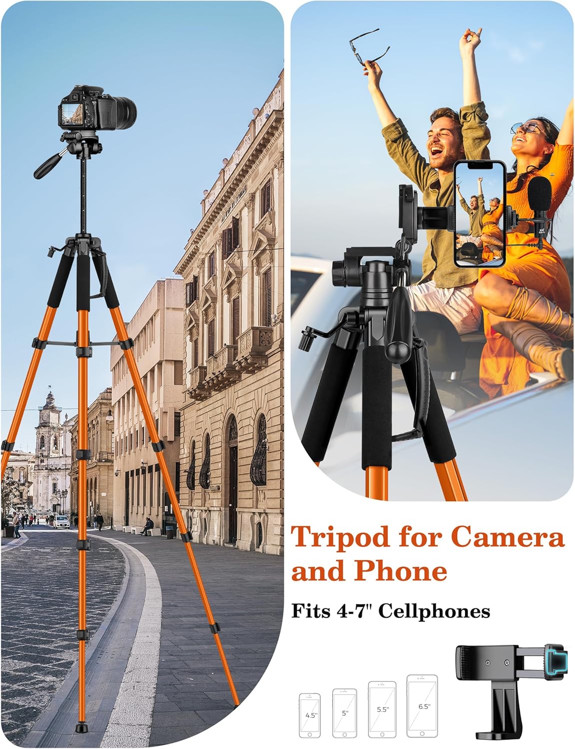 JOILCAN Tripod, 75" Tripod for Camera & Phone, Heavy Duty Camera Tripod Travel Tripod with Phone Holder Carry Bag, Tripods Compatible with Canon Nikon Camera DSLR Laser Level Camcorder-5