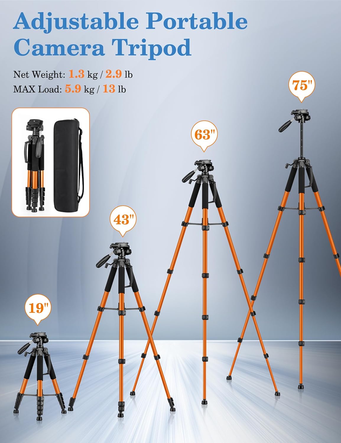 JOILCAN Tripod, 75" Tripod for Camera & Phone, Heavy Duty Camera Tripod Travel Tripod with Phone Holder Carry Bag, Tripods Compatible with Canon Nikon Camera DSLR Laser Level Camcorder-6