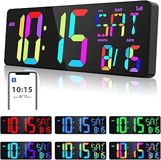 XREXS Large Digital Wall Clock Bluetooth Sync, 17.2" RGB Color Changing Digital Clock with Remote Control, Adjustable Brightness Grandfather Clock, Temperature Clock for Home, Gym and Classroom