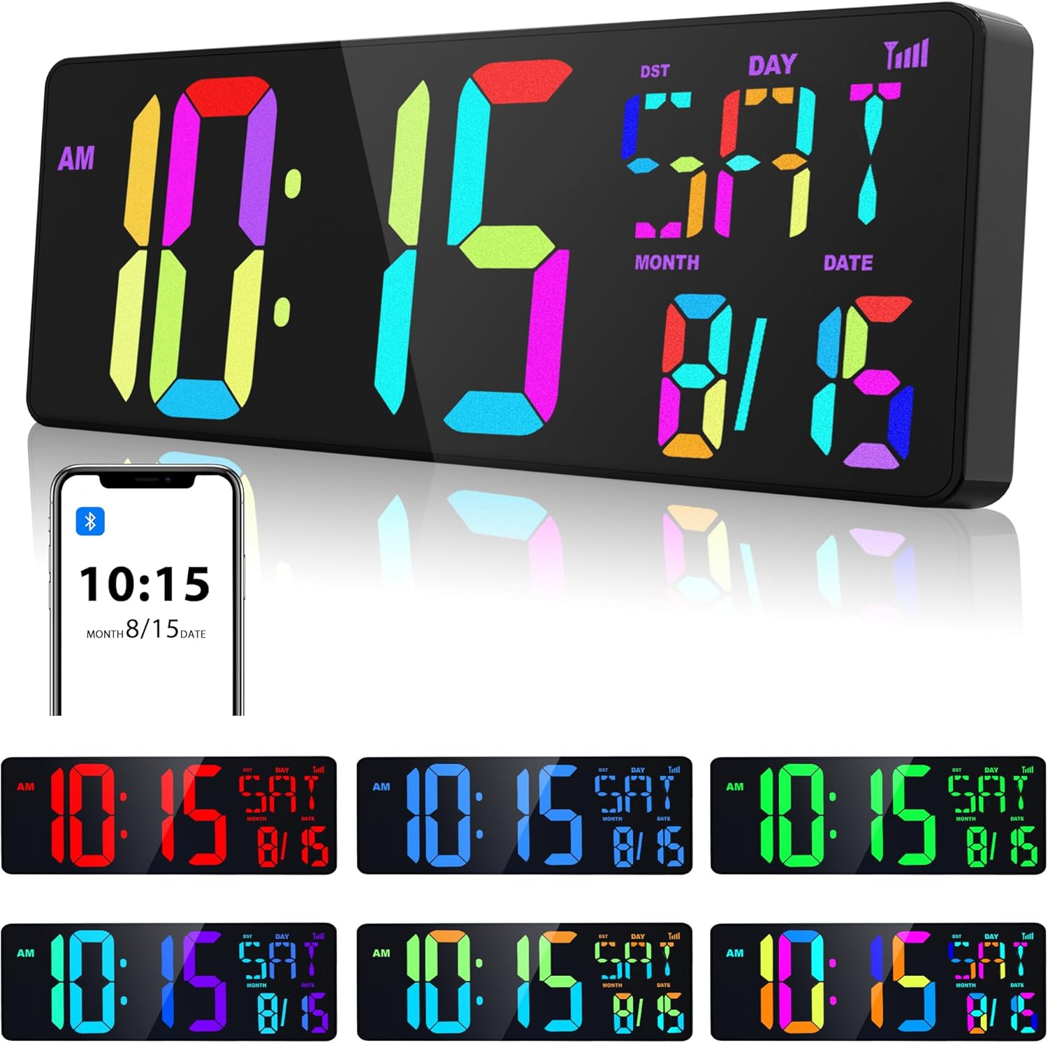 XREXS Large Digital Wall Clock Bluetooth Sync, 17.2" RGB Color Changing Digital Clock with Remote Control, Adjustable Brightness Grandfather Clock, Temperature Clock for Home, Gym and Classroom-0