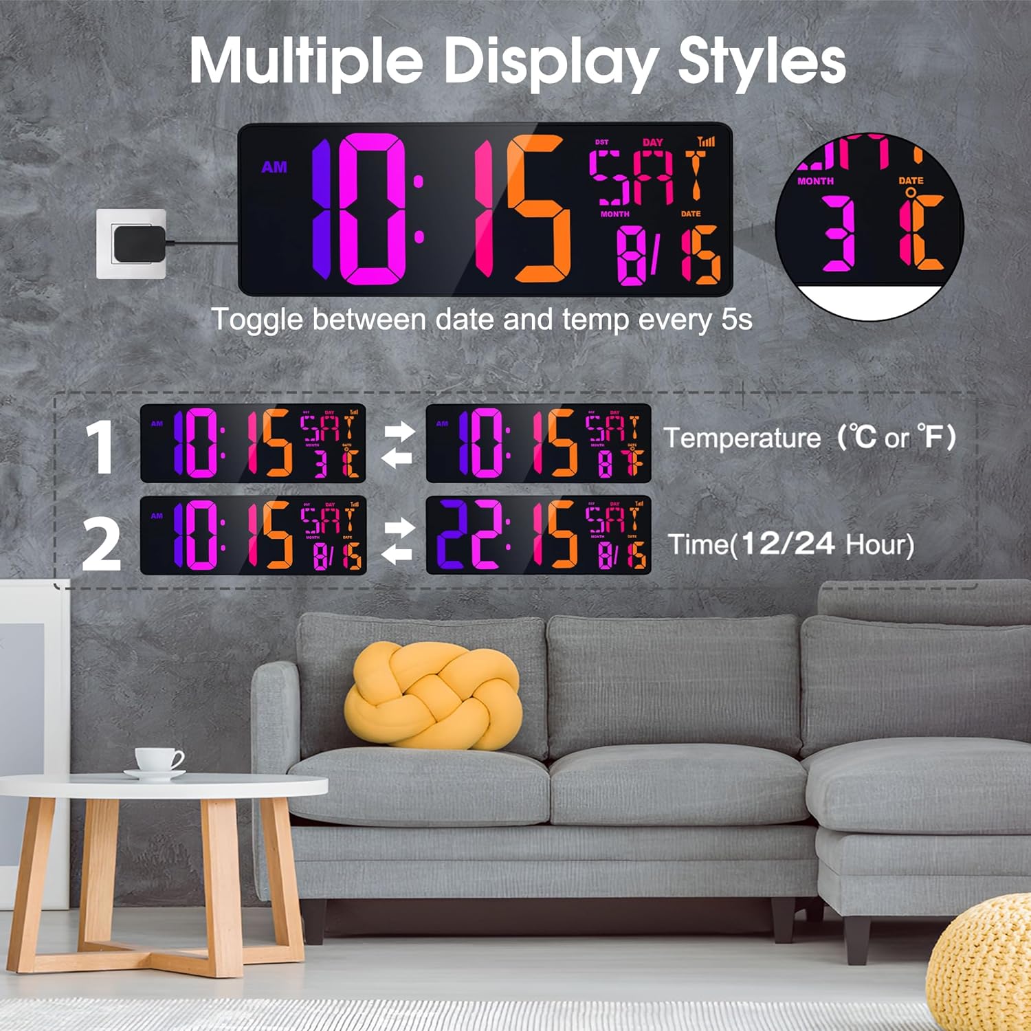 XREXS Large Digital Wall Clock Bluetooth Sync, 17.2" RGB Color Changing Digital Clock with Remote Control, Adjustable Brightness Grandfather Clock, Temperature Clock for Home, Gym and Classroom-4