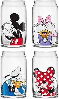 JoyJolt Disney Mickey Mouse & Friends Peek-a-Boo Collection Tumblers, 16oz Can Shape Tumbler Drinking Glass Cups Set, Glass Tumbler Set of 4 w/Glass Straws, Disney Gifts, Mickey Mouse Glasses