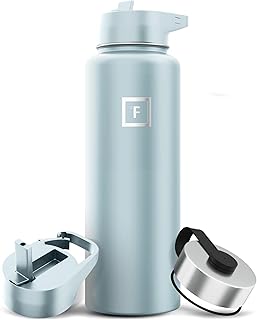 IRON °FLASK Camping & Hiking Hydration Flask, Wide Mouth, 3 Straw Lids, Stainless Steel Outdoor Water Bottle, Double Walled, Insulated Thermos, Metal Canteen - Morning Mist, 40 Oz