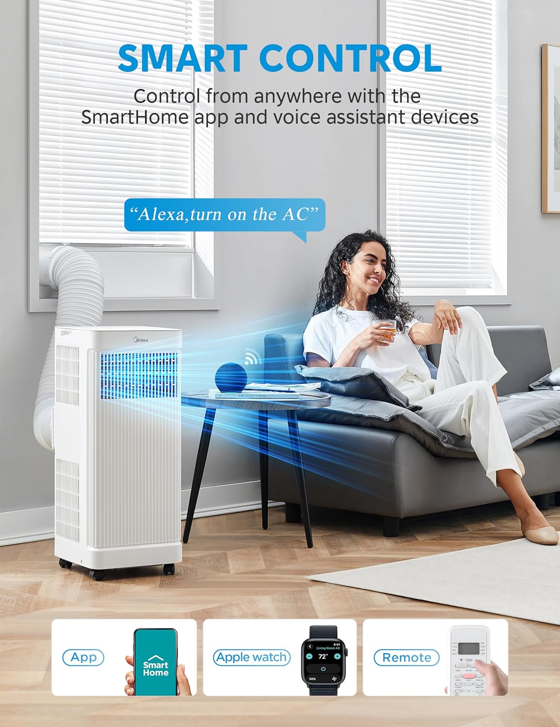 Midea 8,500 BTU ASHRAE (5,000 BTU SACC) Portable Air Conditioner Smart Control, Cools up to 150 Sq. Ft., with Dehumidifier & Fan mode, Easy- to-use Remote Control & Window Installation Kit Included-1