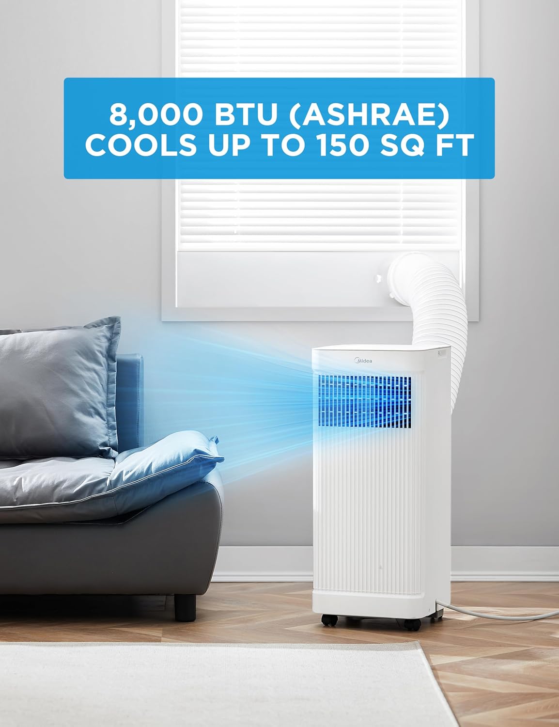 Midea 8,500 BTU ASHRAE (5,000 BTU SACC) Portable Air Conditioner Smart Control, Cools up to 150 Sq. Ft., with Dehumidifier & Fan mode, Easy- to-use Remote Control & Window Installation Kit Included-8