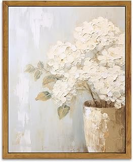 KBKBART Framed Wall Art Vintage, Farmhouse Decor White Hydrangeas Muted Vintage Floral Bathroom Canvas Painting, Flower Prints Canvas Wall Art for Bedroom, Living Room, Gallery, Vintage Wall Decor(8"x10")