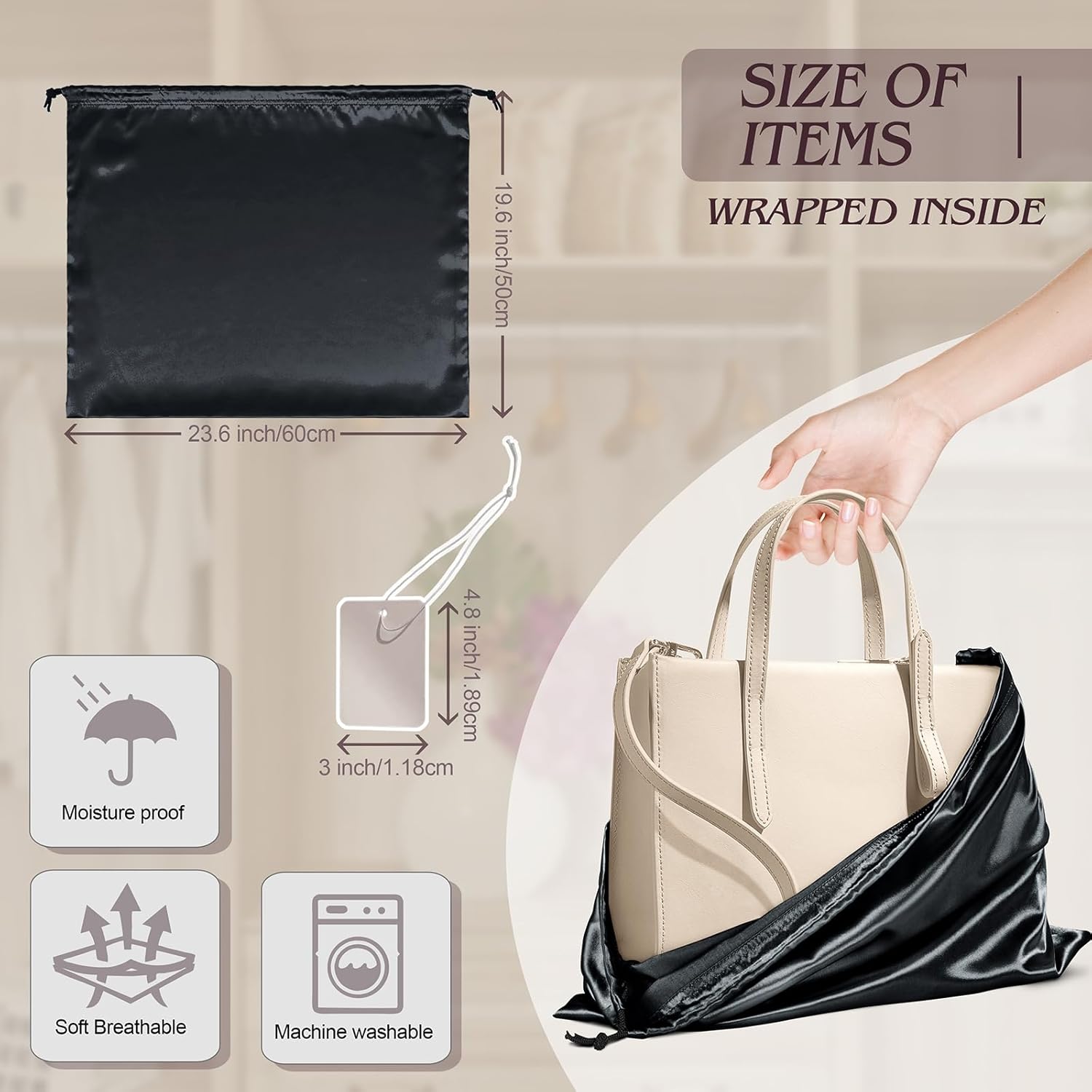 Manyshofu 7 Pack Satin Dust Bags for Handbags Storage, Silky Shoe Bag Black Drawstring Bags for Shoes & Purses - Silk Dust Cover Bag Dustproof Bags Protector Travel Storage Pouch(23.6 x 19.6)-2