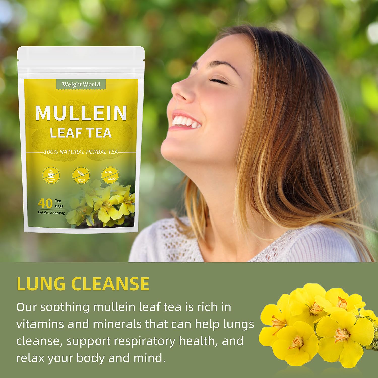 WeightWorld Mullein Leaf Tea - Mullein Tea Bags for Lungs Cleanse and Respiratory Support - Caffeine Free Herbal Tea - Non-GMO - 40 Tea Bags-1