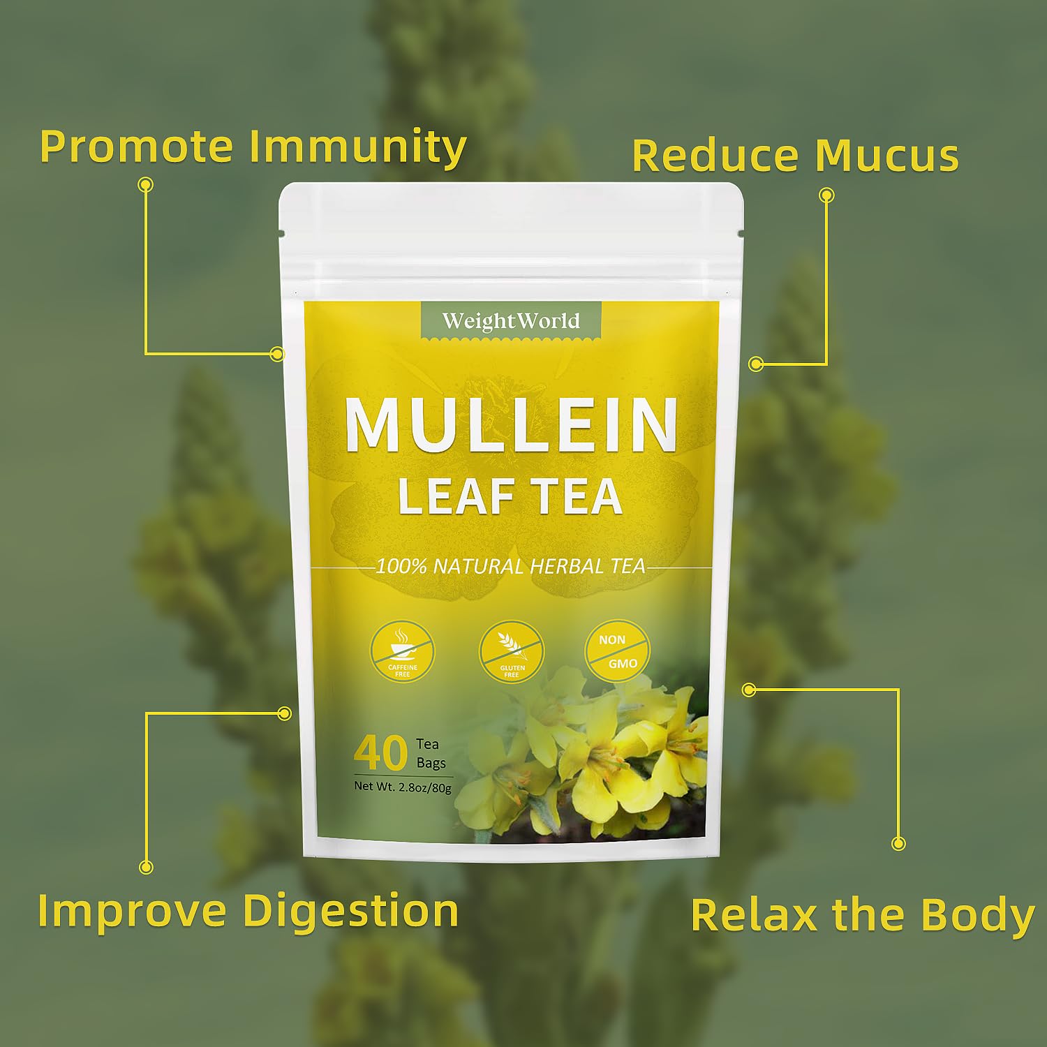 WeightWorld Mullein Leaf Tea - Mullein Tea Bags for Lungs Cleanse and Respiratory Support - Caffeine Free Herbal Tea - Non-GMO - 40 Tea Bags-2