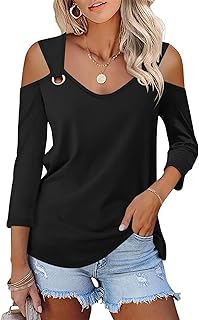 Minetom Women's V Neck 3/4 Sleeve Shirts Cold Shoulder Tops Basic Summer Tees