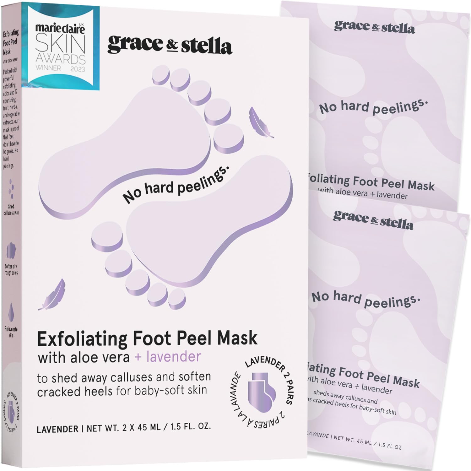 grace & stella Award-Winning Foot Peel Mask (2 Pairs, Lavender) - Foot Peeling Mask with Aloe Vera - Moisturizing Foot Mask for Dry Cracked Feet - Foot Exfoliator for Baby Soft Feet-0